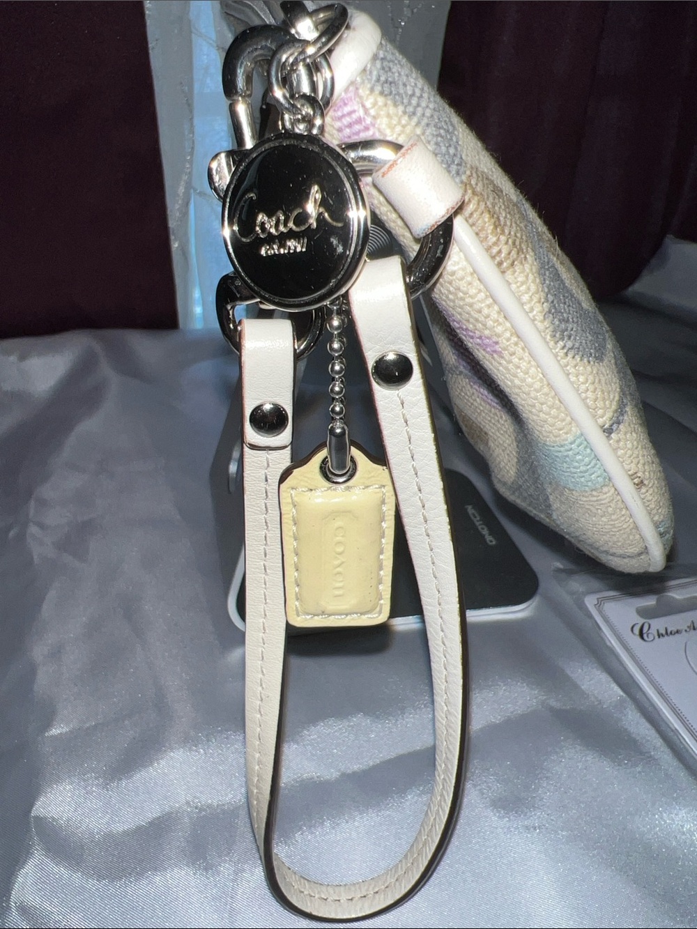 Coach Beige Signature Canvas Wristlet with Pastel Blue and Lavender Accents - Picture 3 of 11